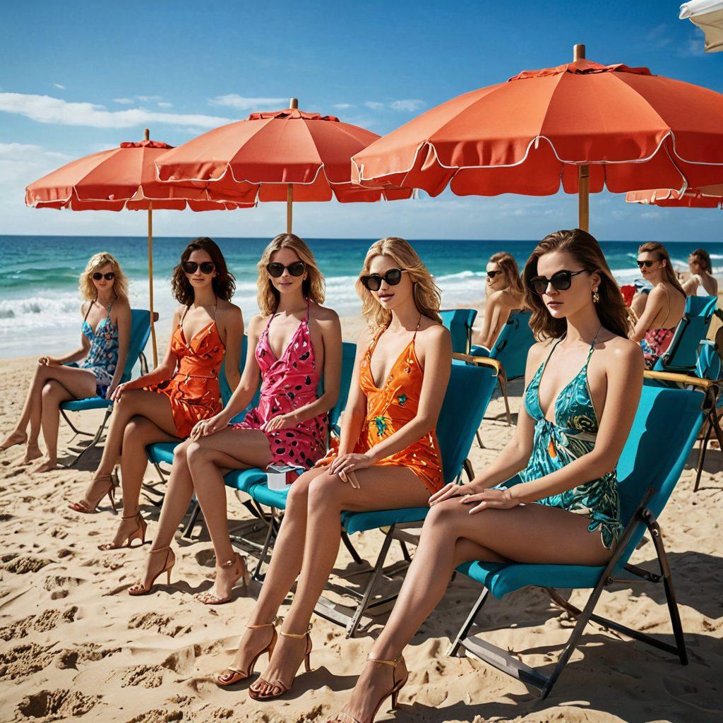 A glamorous beach scene transitioning into a luxurious casino setting, featuring stylish bathing suits on chic models. The beach has vibrant sun umbrellas, colorful beach towels, and playful waves, while the casino boasts elegant poker tables and bright neon lights in the background. The models exude confidence and style with chic sunglasses and fashionable accessories. The colors should be vibrant, capturing the essence of fun and sophistication. super-realistic. vibrant colors. 3D.