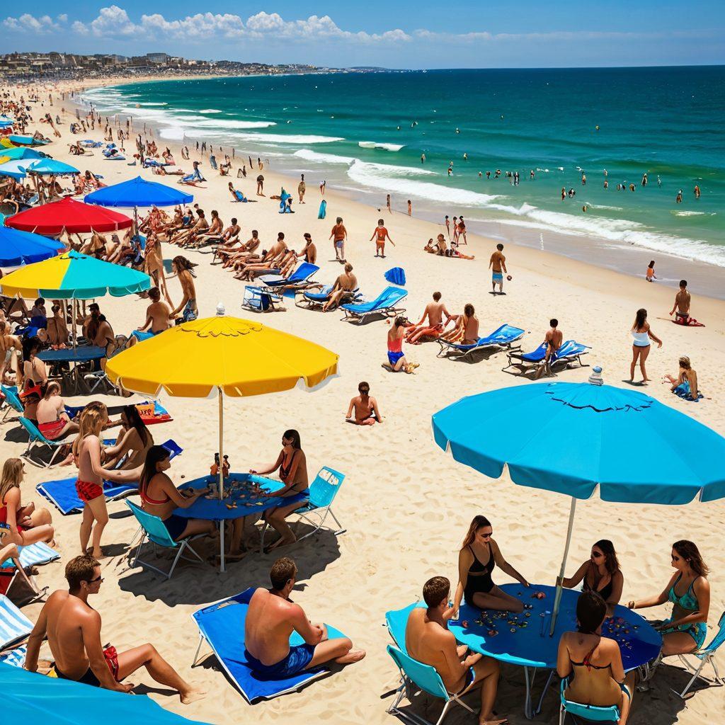 A vibrant beach scene depicting diverse individuals enjoying a sunny day at the shore, showcasing an array of colorful swimwear styles, playful interactions, and a nearby casino with penny slots visible in the background. The ocean waves gently lap at the sand while beach towels and umbrellas add pops of color. Capture a joyful, adventurous atmosphere with bright blue skies. super-realistic. vibrant colors. 3D.